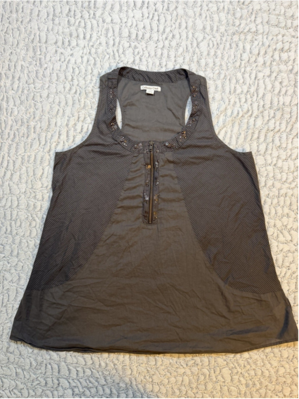 Coldwater Creek Women's Gray Striped Racerback Zip Beaded Sequin Tank Top L